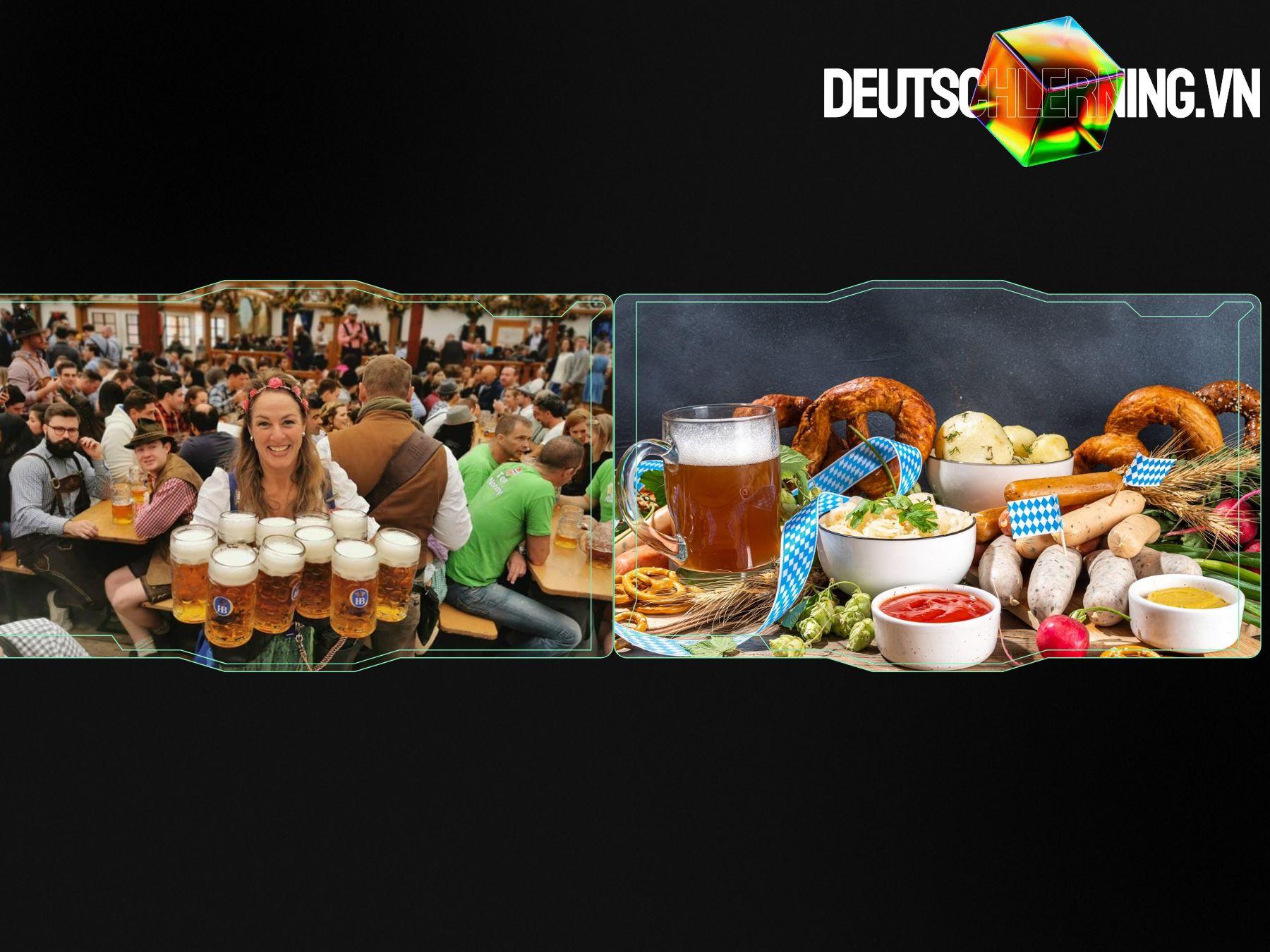 Bàn tiệc ẩm thực Đức với xúc xích, pretzel và bia thủ công.
